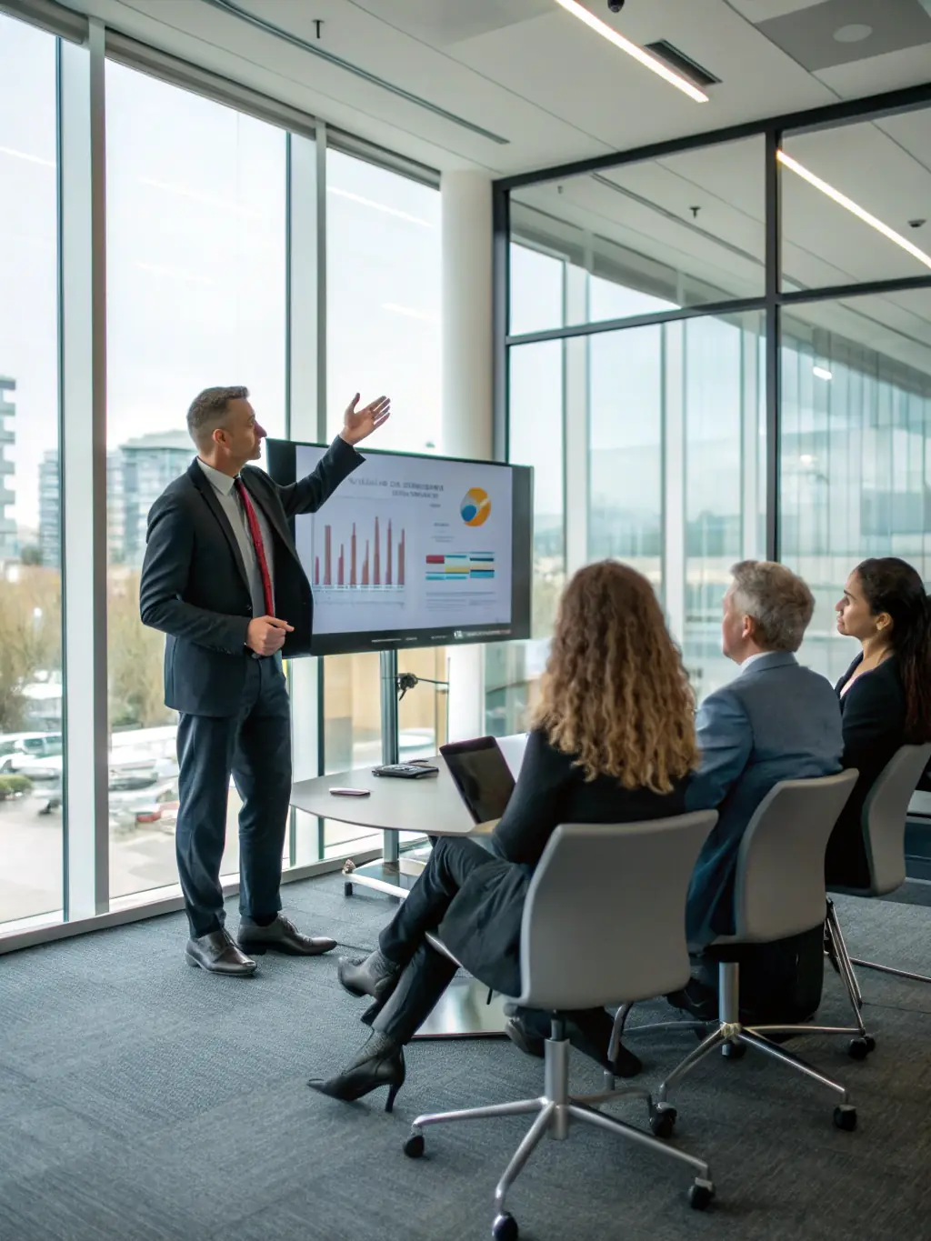 An executive confidently presenting a strategic plan to a board of directors, showcasing improved communication and leadership skills gained through coaching.