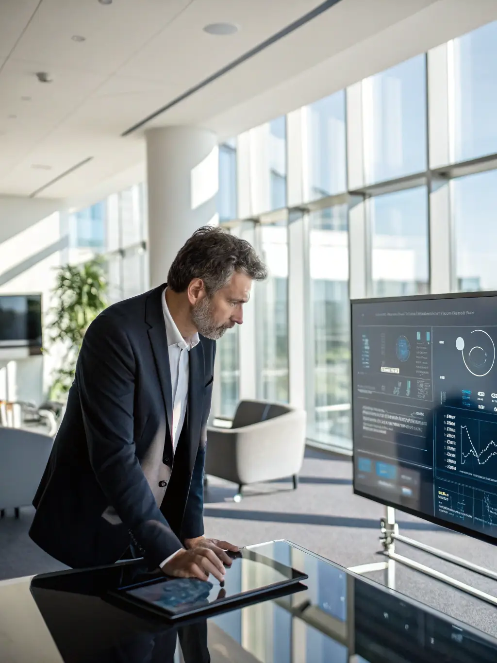 An executive using data analytics tools to assess business performance and identify areas for strategic improvement, guided by coaching insights.