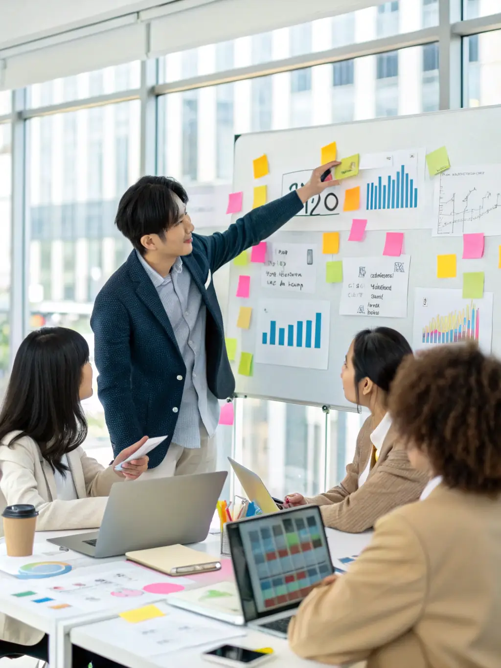 A diverse group of professionals participating in a dynamic coaching workshop, emphasizing collaboration and innovative problem-solving techniques.