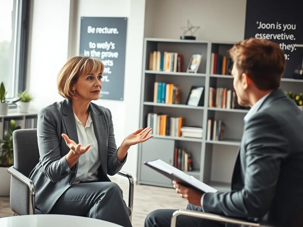 A professional executive in a modern office setting, engaged in a focused one-on-one coaching session with a leadership coach. The scene emphasizes trust, guidance, and strategic planning.