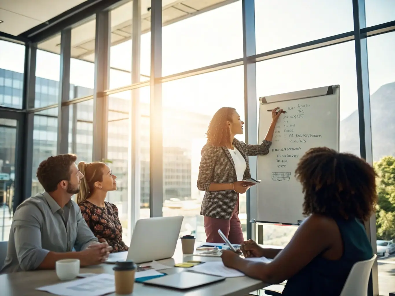A professional executive in a modern office setting, confidently leading a team meeting, with a focus on strategic planning and collaborative decision-making. The scene should convey a sense of empowerment and growth.
