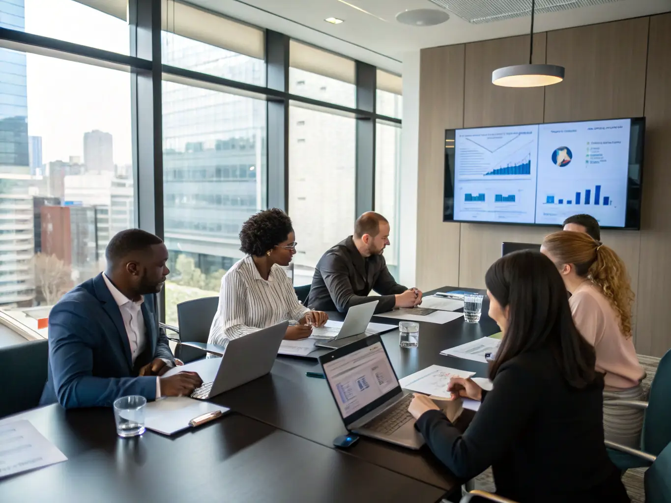 A diverse team of executives participating in a leadership workshop, actively discussing and collaborating on business strategies. The setting is a bright, modern conference room.