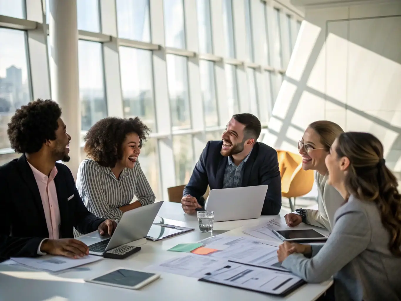 A diverse group of executives participating in a leadership workshop, engaging in team-building activities and interactive discussions. The atmosphere should be energetic and collaborative.
