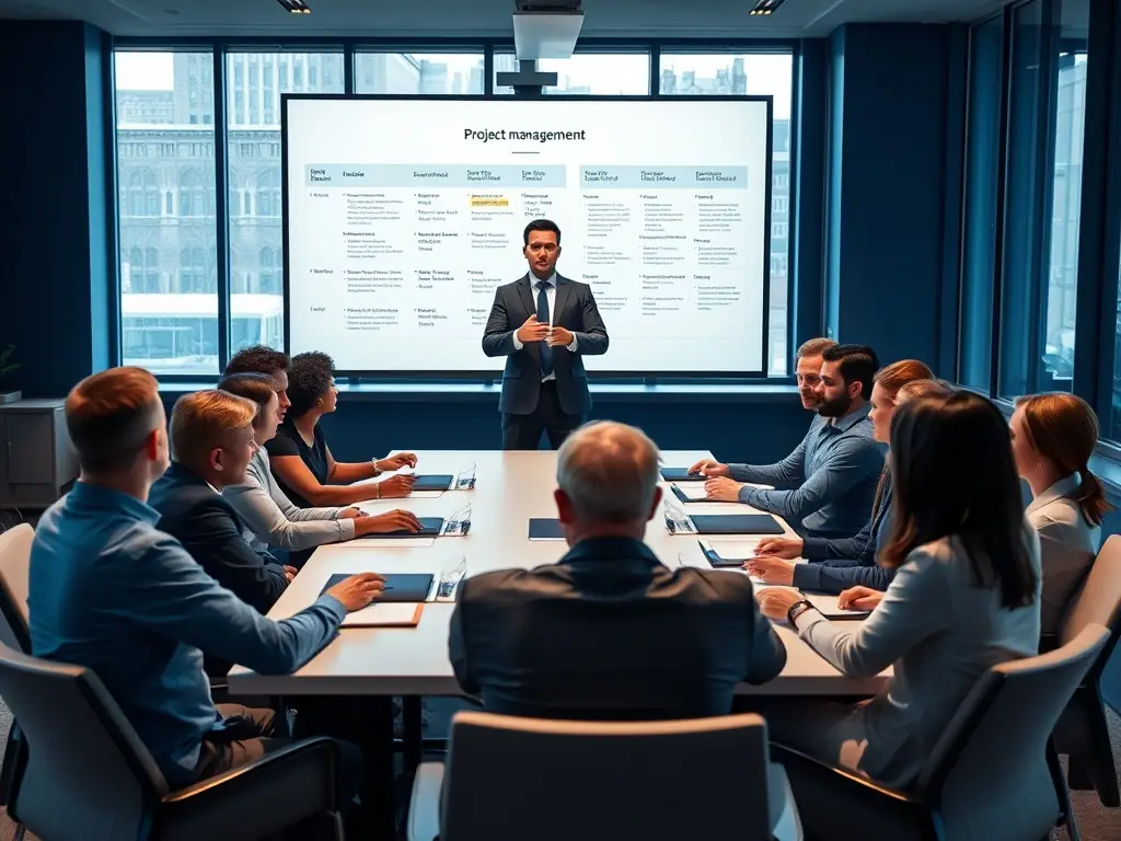 An executive confidently presenting a business strategy to a board of directors, showcasing strong communication and leadership skills. The atmosphere is professional and impactful.